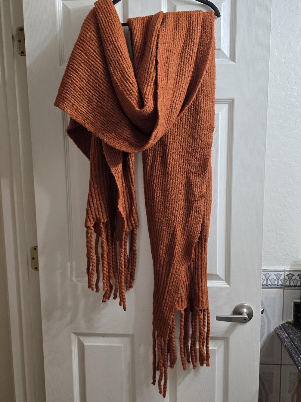 Free People Ribbed Fringe Scarf in Rust Orange
